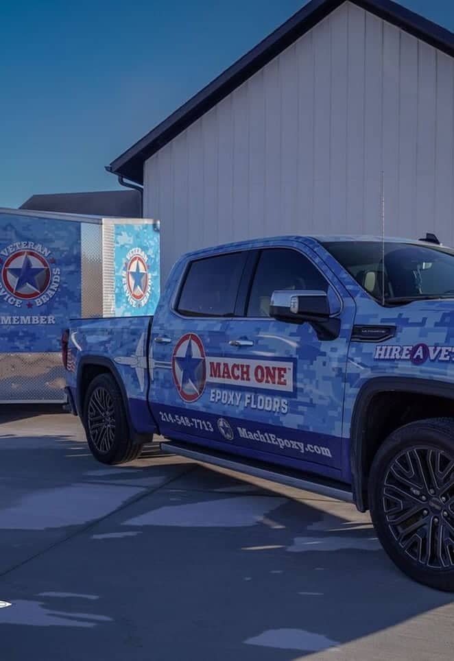 mach one epoxy floors pickup truck with trailer