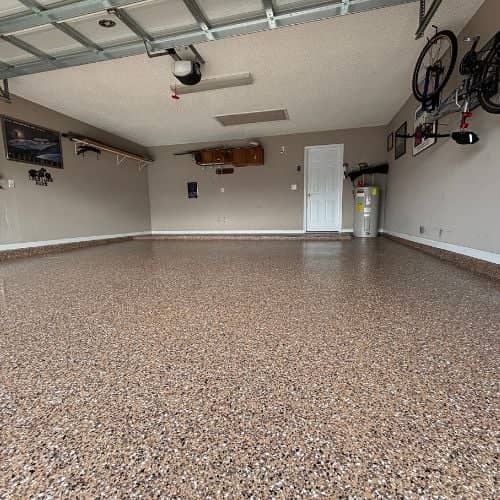 brown epoxy flake flooring in garage