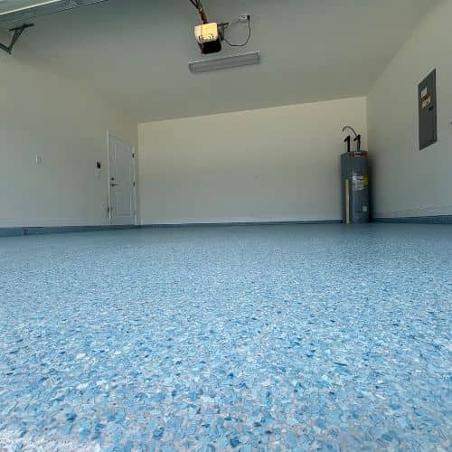 blue epoxy flake flooring in garage