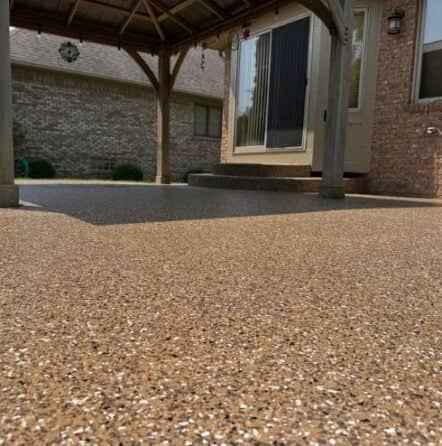 close-up brown epoxy flooring for homeowner patio