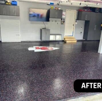 after portrait of homeowner garage with new epoxy flake flooring