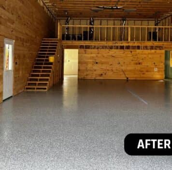 after portrait of homeowner barn with new Stoney Creek Epoxy Flake Flooring installed