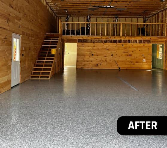 after portrait of homeowner barn with new Stoney Creek Epoxy Flake Flooring installed