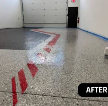 close-up of custom blend epoxy flake flooring installed for Car Condo