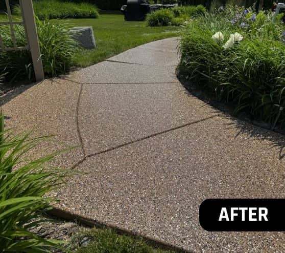 after portrait of homeowner side walk with new epoxy flooring