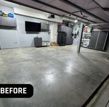 before portrait of homeowner garage with old concrete flooring