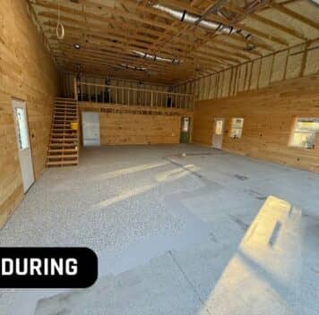 during portrait of homeowner barn in the process of new epoxy flake flooring