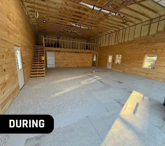 during portrait of homeowner barn in the process of new epoxy flake flooring
