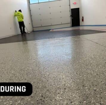 during portrait of mach one® employee installing epoxy flake flooring for Car Condo