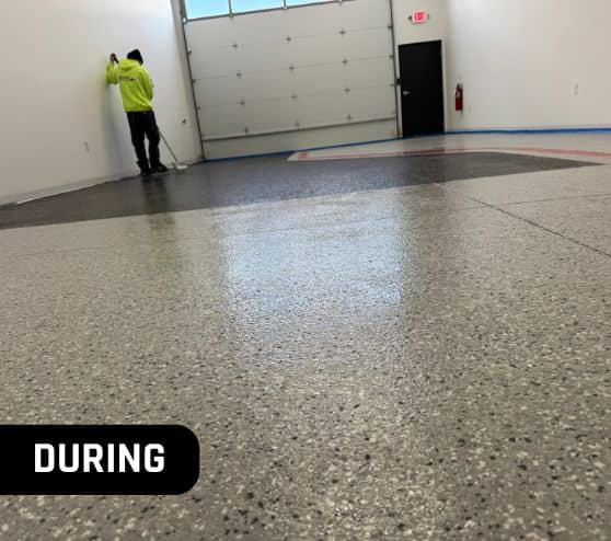during portrait of mach one® employee installing epoxy flake flooring for Car Condo