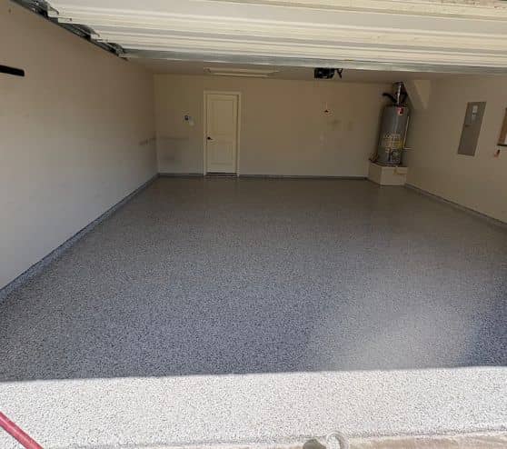 front view of dakota grey epoxy flake flooring installed for homeowner