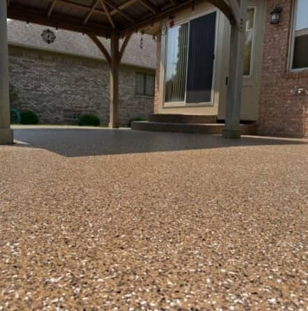 close-up brown epoxy flooring for homeowner patio
