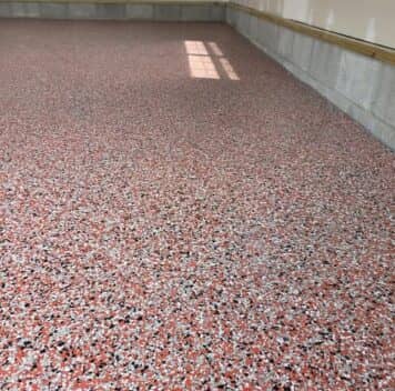 red epoxy flake flooring for homeowner