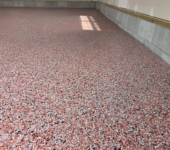 red epoxy flake flooring for homeowner