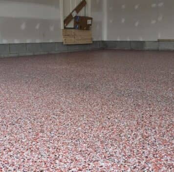 red epoxy flake flooring for homeowner garage