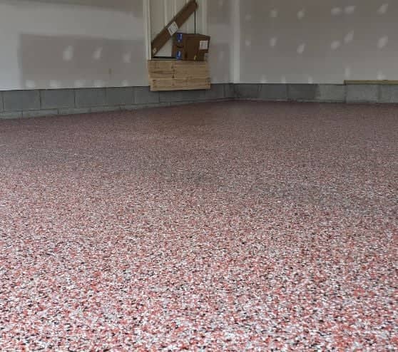 red epoxy flake flooring for homeowner garage