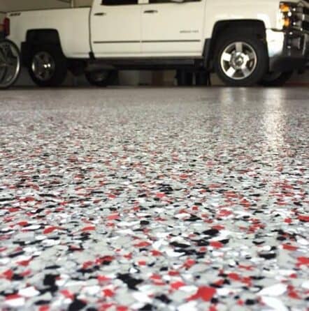 red flake epoxy floor in garage close-up