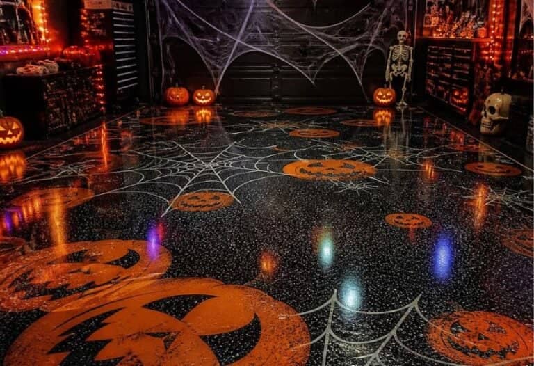 A Halloween decorated epoxy floor