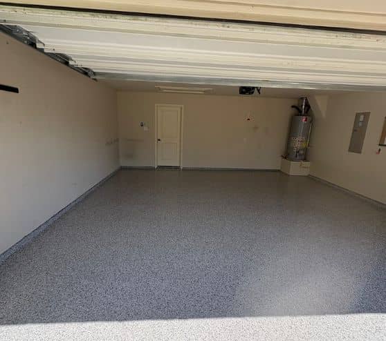 front view of dakota grey epoxy flake flooring installed for homeowner