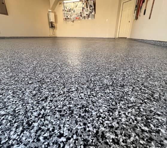 homeowner garage floor close-up of epoxy flooring