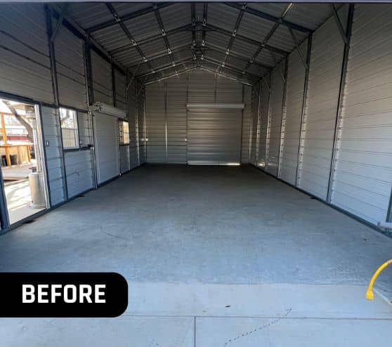 before portrait of homeowner garage with old flooring