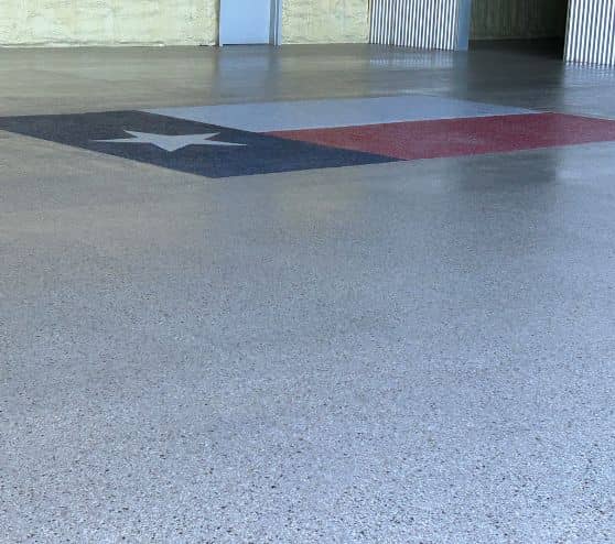 texas flag on new epoxy flake flooring for homeowner