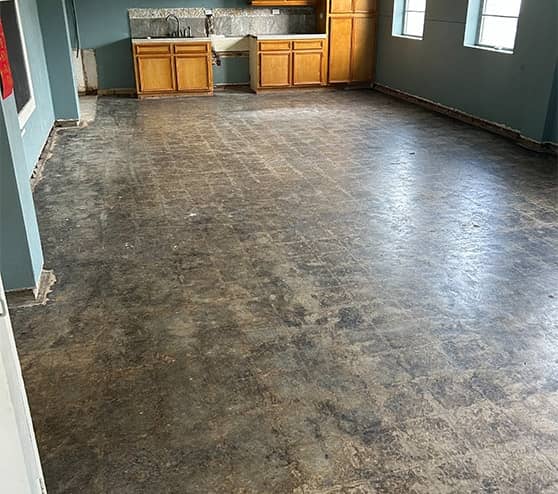 church kitchen before new epoxy flooring installed