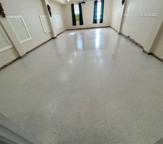 church floor with new epoxy flake flooring