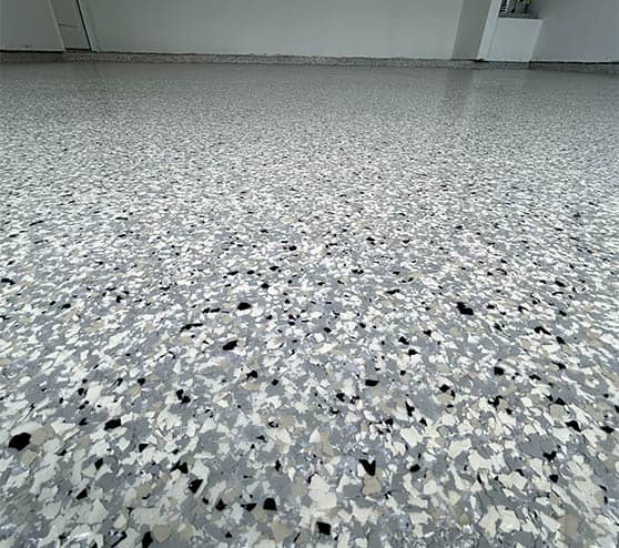 close-up of epoxy flake flooring on patio