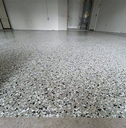 close-up of epoxy flake flooring installed for homeowner garage