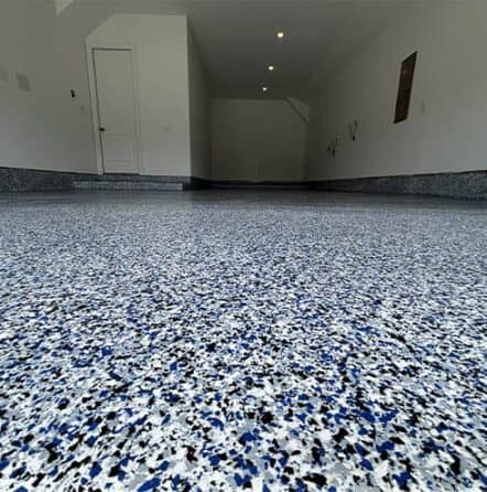 close-up of epoxy flake flooring for homeowner garage