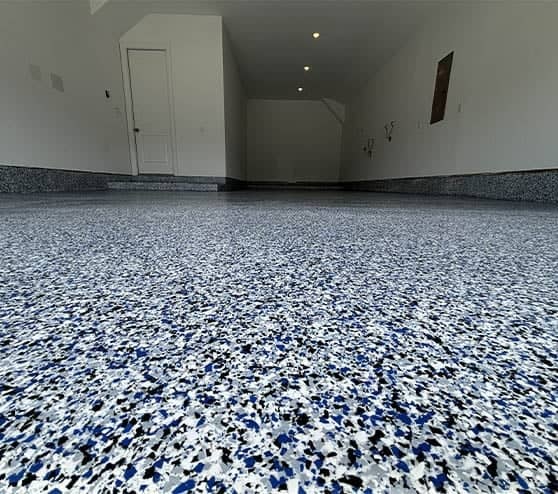 close-up of epoxy flake flooring for homeowner garage