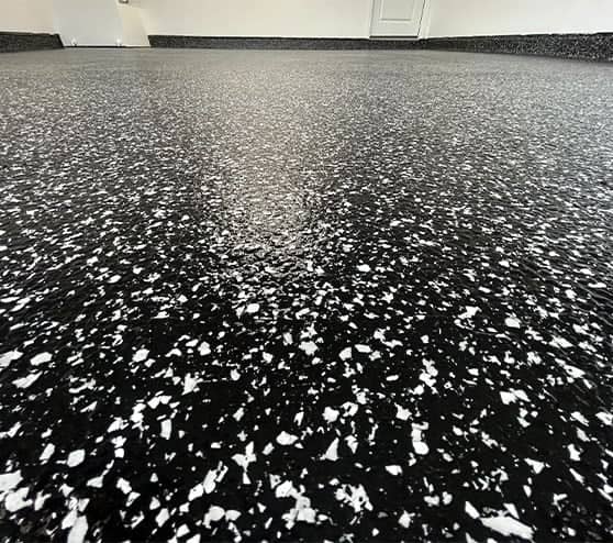 close-up of homeowner garage floor with new epoxy flooring
