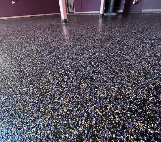 close-up of epoxy flake flooring for homeowner garage