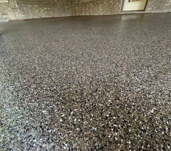 close-up of epoxy flake flooring on patio
