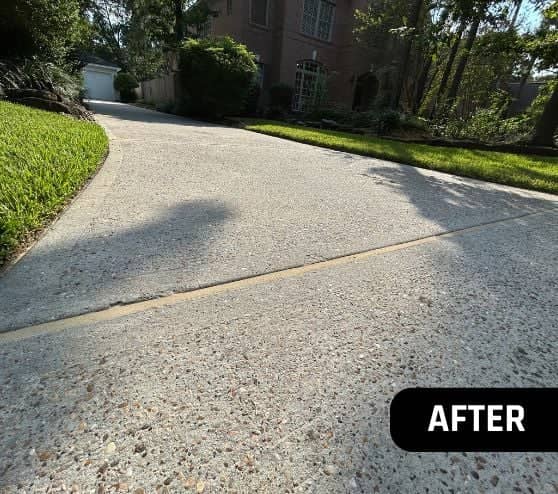 after portait of homeowner driveway freshly sealed