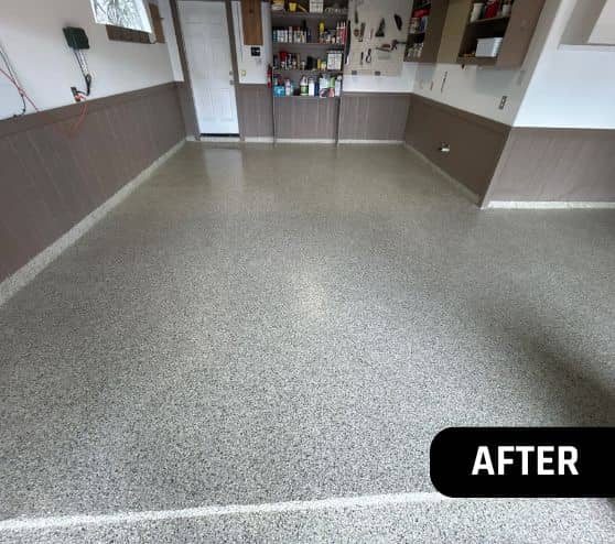 after portrait of homeowner garage with new epoxy flooring installed