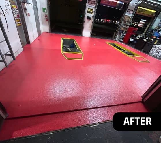 Take 5 Oil Change garage with fresh epoxy flake flooring