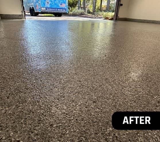 homeowner garage with new epoxy flooring installed