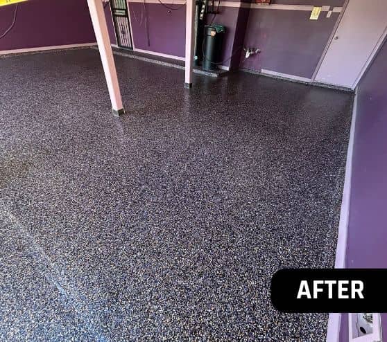 after portrait of homeowner garage with new epoxy flake flooring