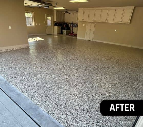 after portrait of homeowner garage with Saddle Tan Epoxy Flake Flooring installed