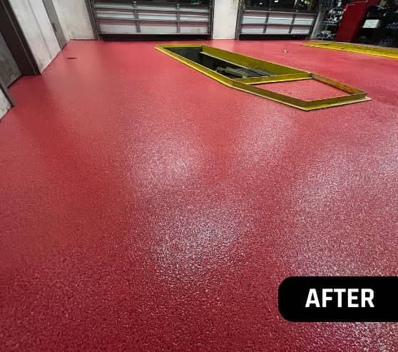 after portrait of Take 5 Oil Change garage with new red epoxy flooring installed