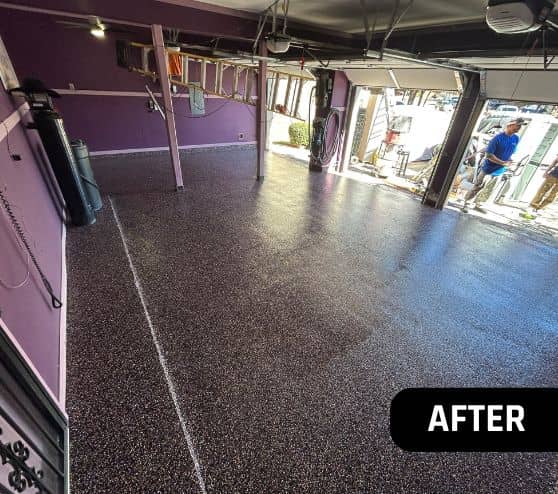 homeowner garage with new epoxy flooring after portrait