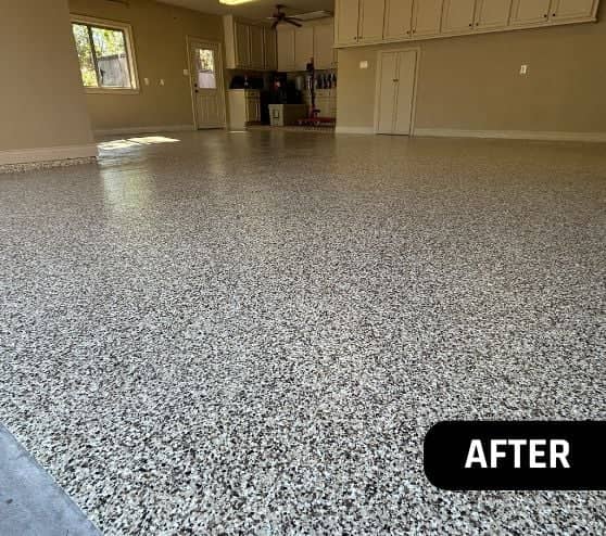 Saddle Tan Epoxy Flake Flooring installed for homeowner garage