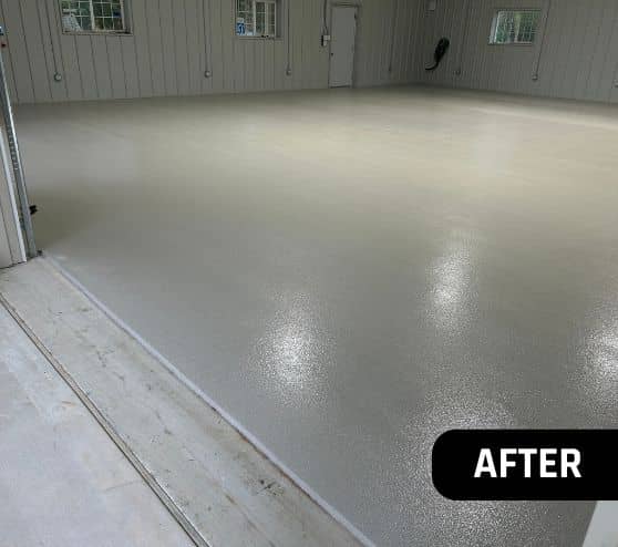 after portrait of homeowner hangar with new solid epoxy flooring