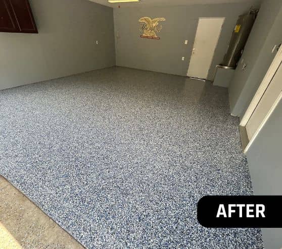 homeowner garage with new epoxy flake flooring after portrait
