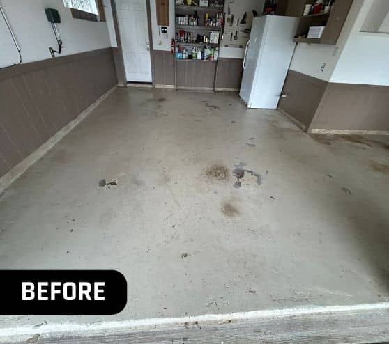 before portrait of homeowner garage with old concrete