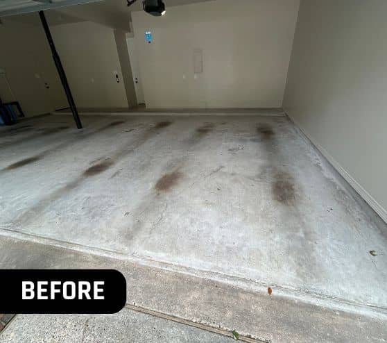 before portrait of homeowner garage with stained concrete