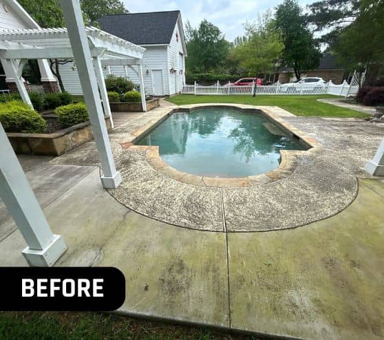 before portrait of homeowner patio with old stained concrete
