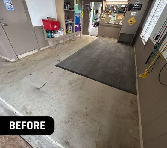 before portrait of homeowner garage before new flooring